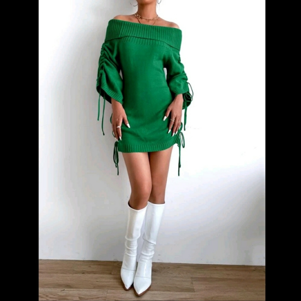 Off Shoulder Drawstring Ruched Sweater Dress - image 3